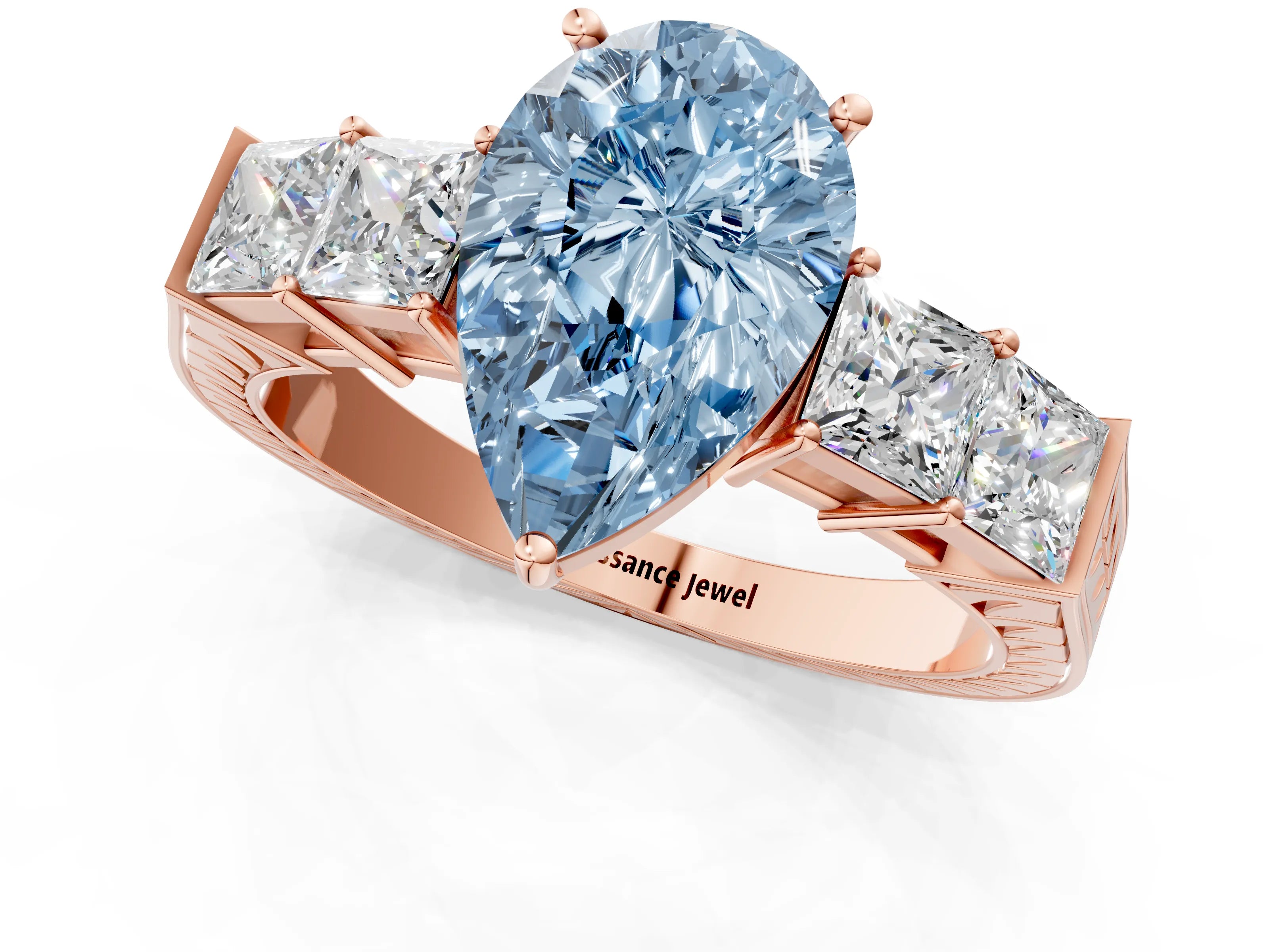 Rose gold Fancy Blue Pear Cut Solitaire Princess Side Stone Engraved Band Prong Setting Ring_1