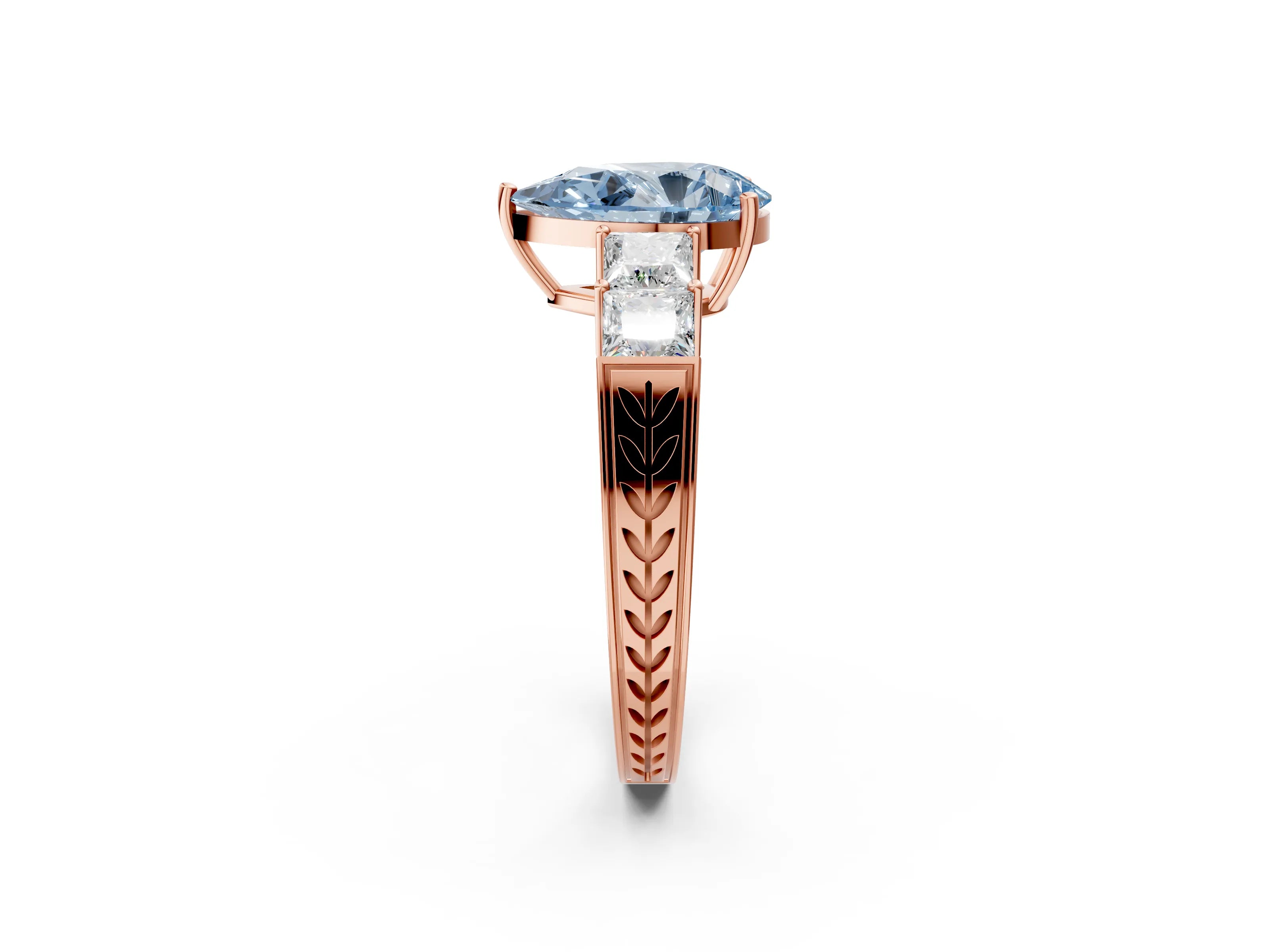 Rose gold Fancy Blue Pear Cut Solitaire Princess Side Stone Engraved Band Prong Setting Ring_2