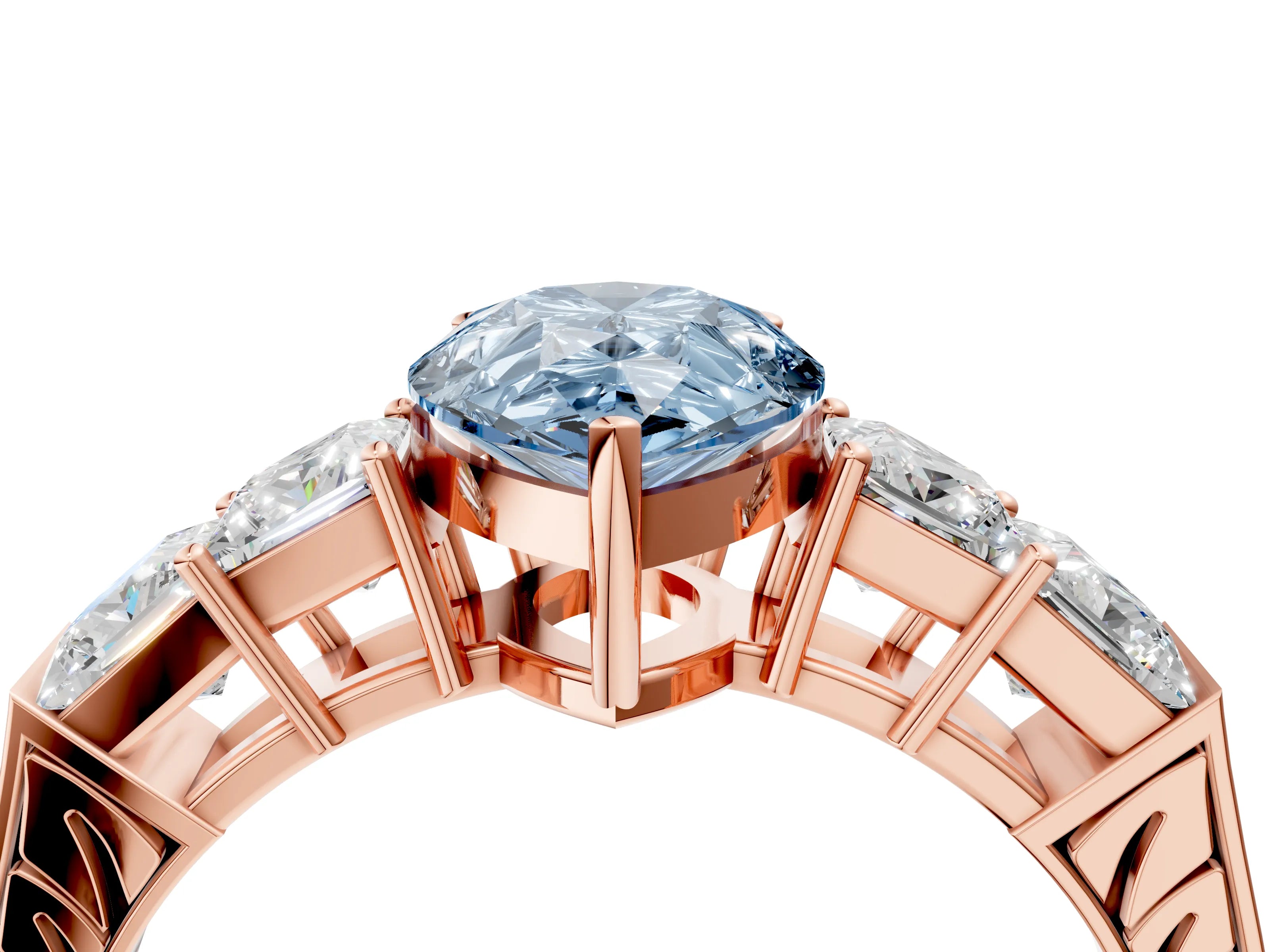 Rose gold Fancy Blue Pear Cut Solitaire Princess Side Stone Engraved Band Prong Setting Ring_4