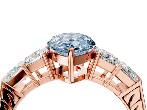 Rose gold Fancy Blue Pear Cut Solitaire Princess Side Stone Engraved Band Prong Setting Ring_4