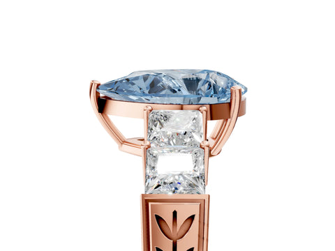 Rose gold Fancy Blue Pear Cut Solitaire Princess Side Stone Engraved Band Prong Setting Ring_5