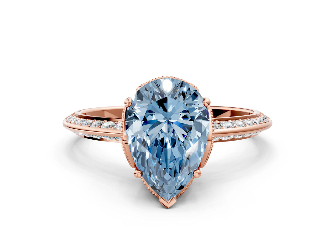 Rose gold Fancy Blue Pear Cut Solitaire Split Shank Pave Diamond Engagement Ring with Four-Prong Setting