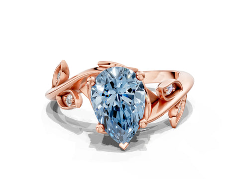 Rose gold Fancy Blue Pear Cut Solitaire Twist Engagement Ring with Leaf Accents and Prong Setting_12