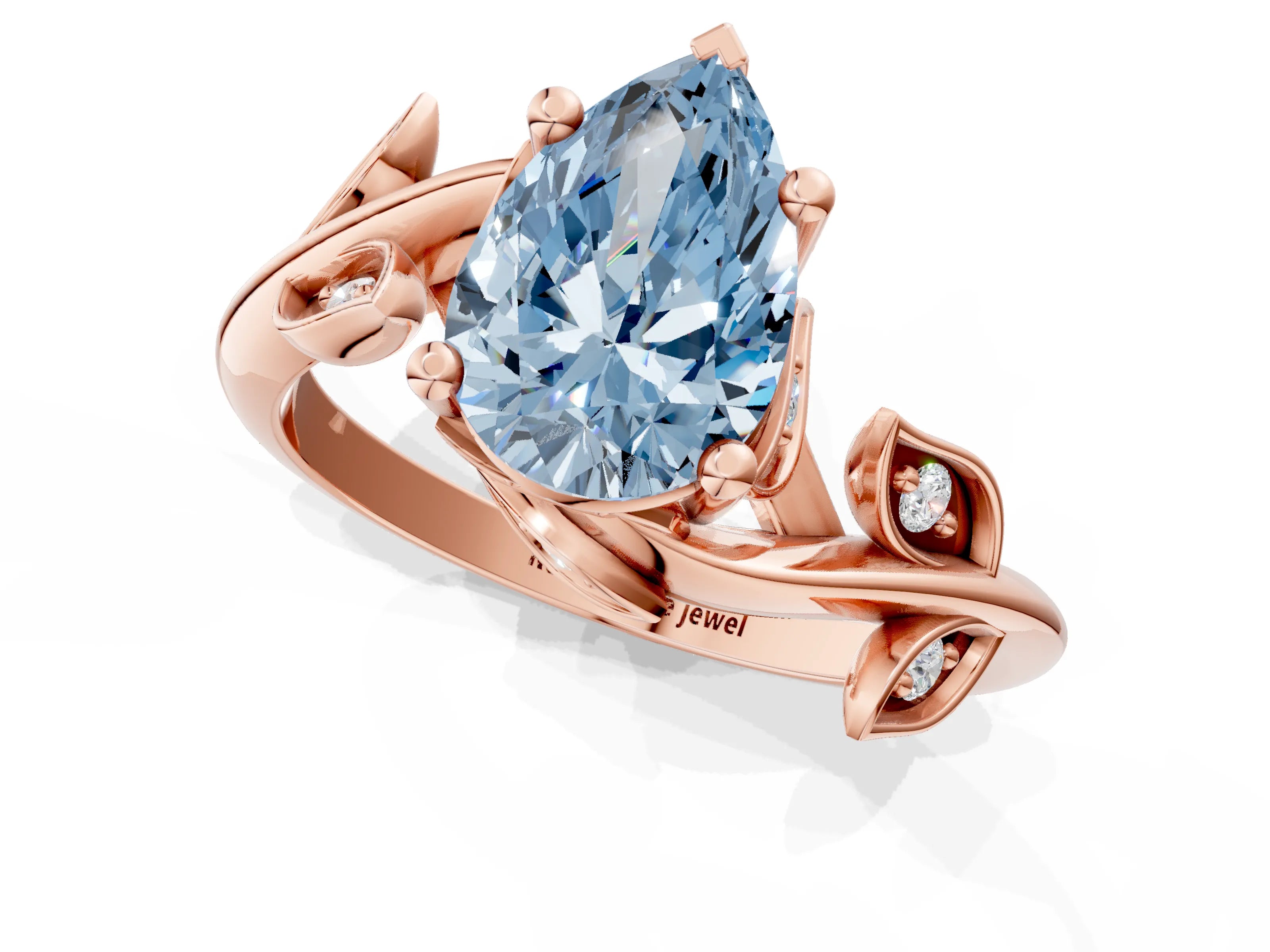 Rose gold Fancy Blue Pear Cut Solitaire Twist Engagement Ring with Leaf Accents and Prong Setting_13