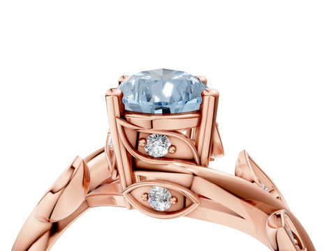 Rose gold Fancy Blue Pear Cut Solitaire Twist Engagement Ring with Leaf Accents and Prong Setting_16