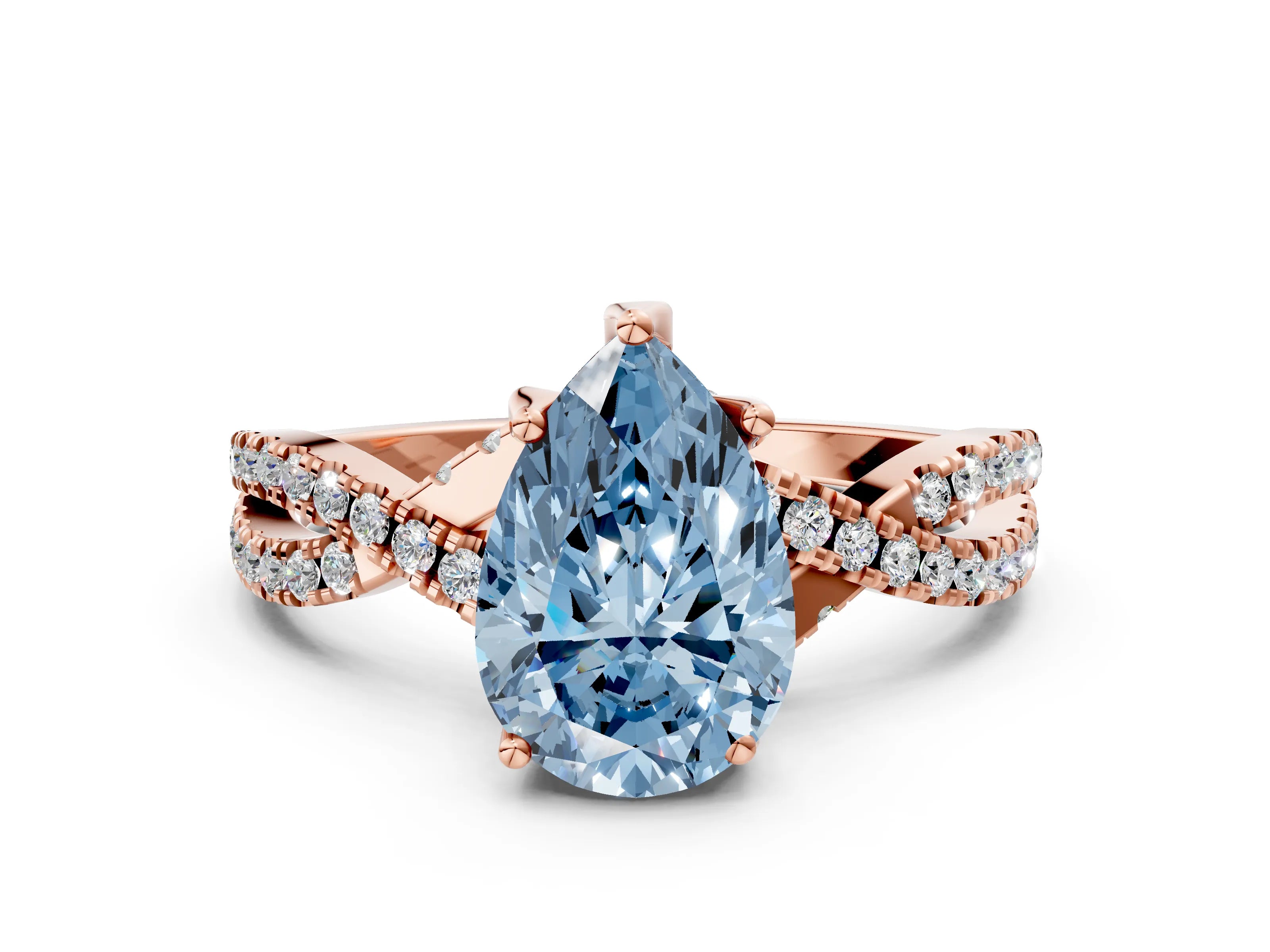 Rose gold Fancy Blue Pear Cut Solitaire Twist Pave Diamond Engagement Ring with Prong Setting