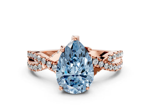 Rose gold Fancy Blue Pear Cut Solitaire Twist Pave Diamond Engagement Ring with Prong Setting