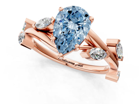 Rose gold Fancy Blue Pear Cut Solitaire Twisted Band Marquise Accent Prong Setting Ring_1