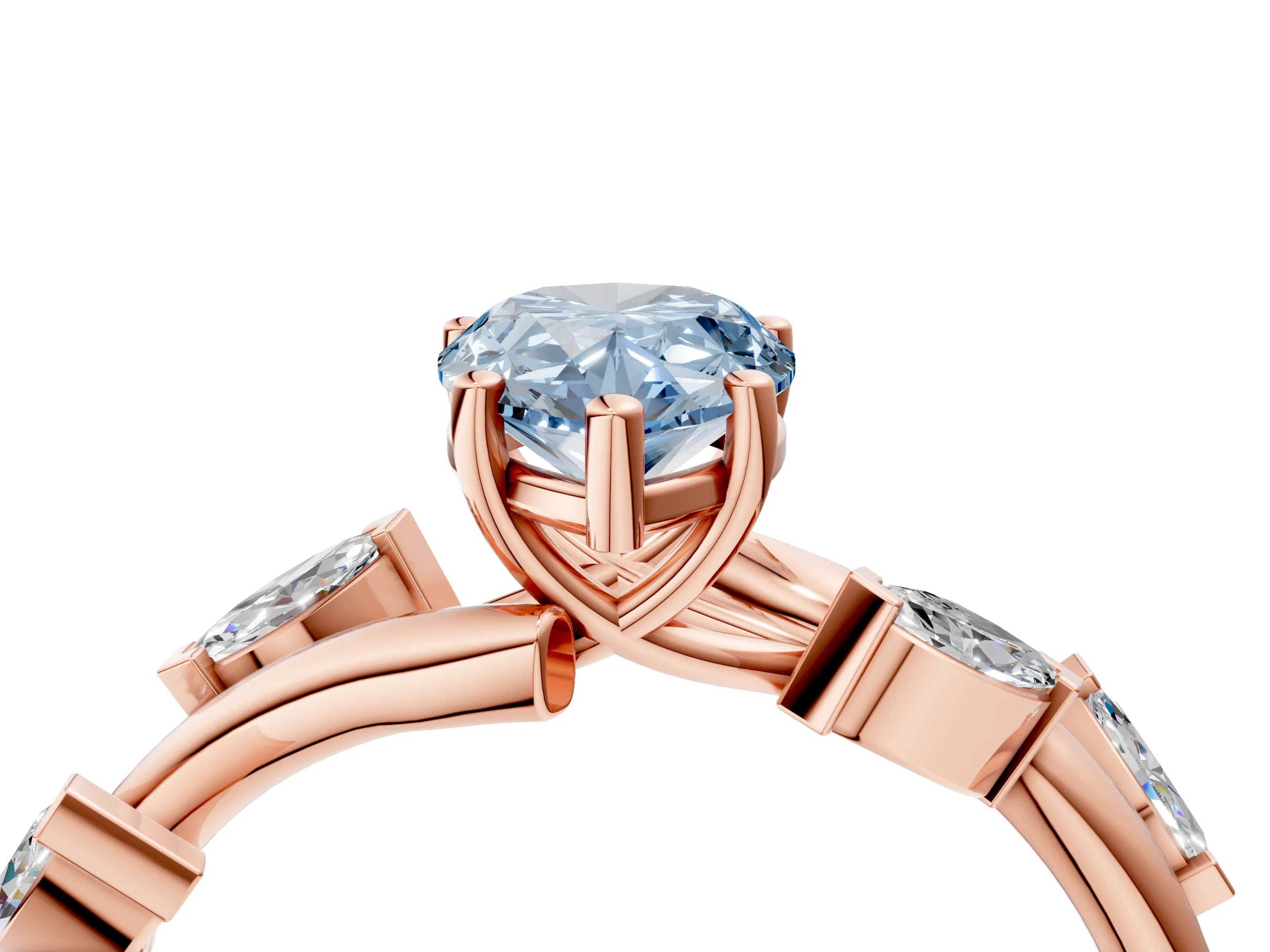 Rose gold Fancy Blue Pear Cut Solitaire Twisted Band Marquise Accent Prong Setting Ring_4