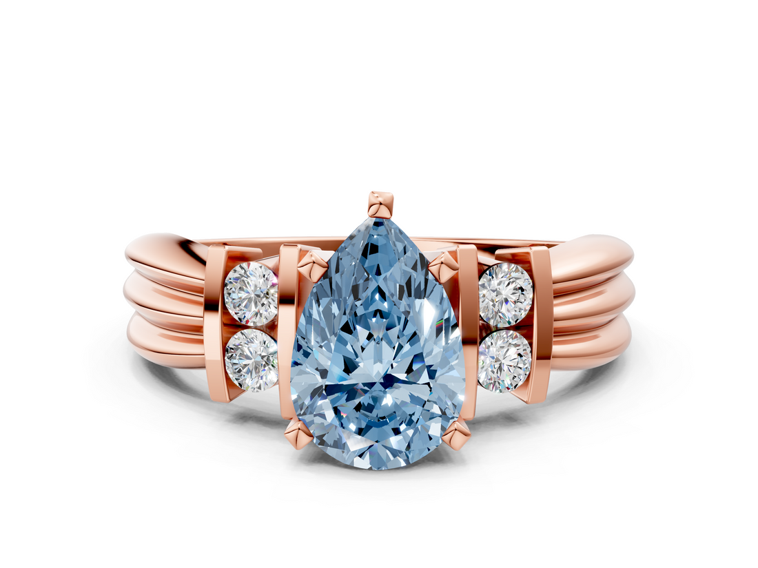 Rose gold Fancy Blue Pear  Cut Three-Stone Channel Set Ring with Bar Prongs_47