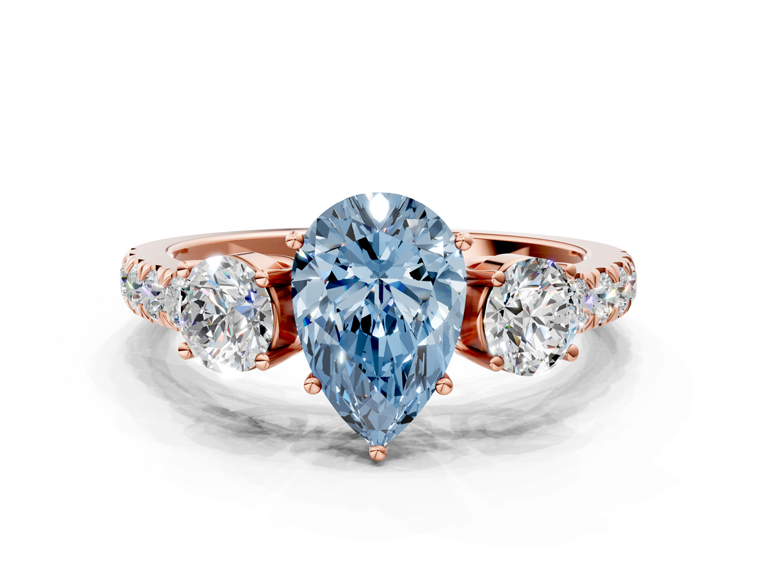Rose gold Fancy Blue Pear  Cut Three-Stone Diamond Pave Band with Prong Setting_36