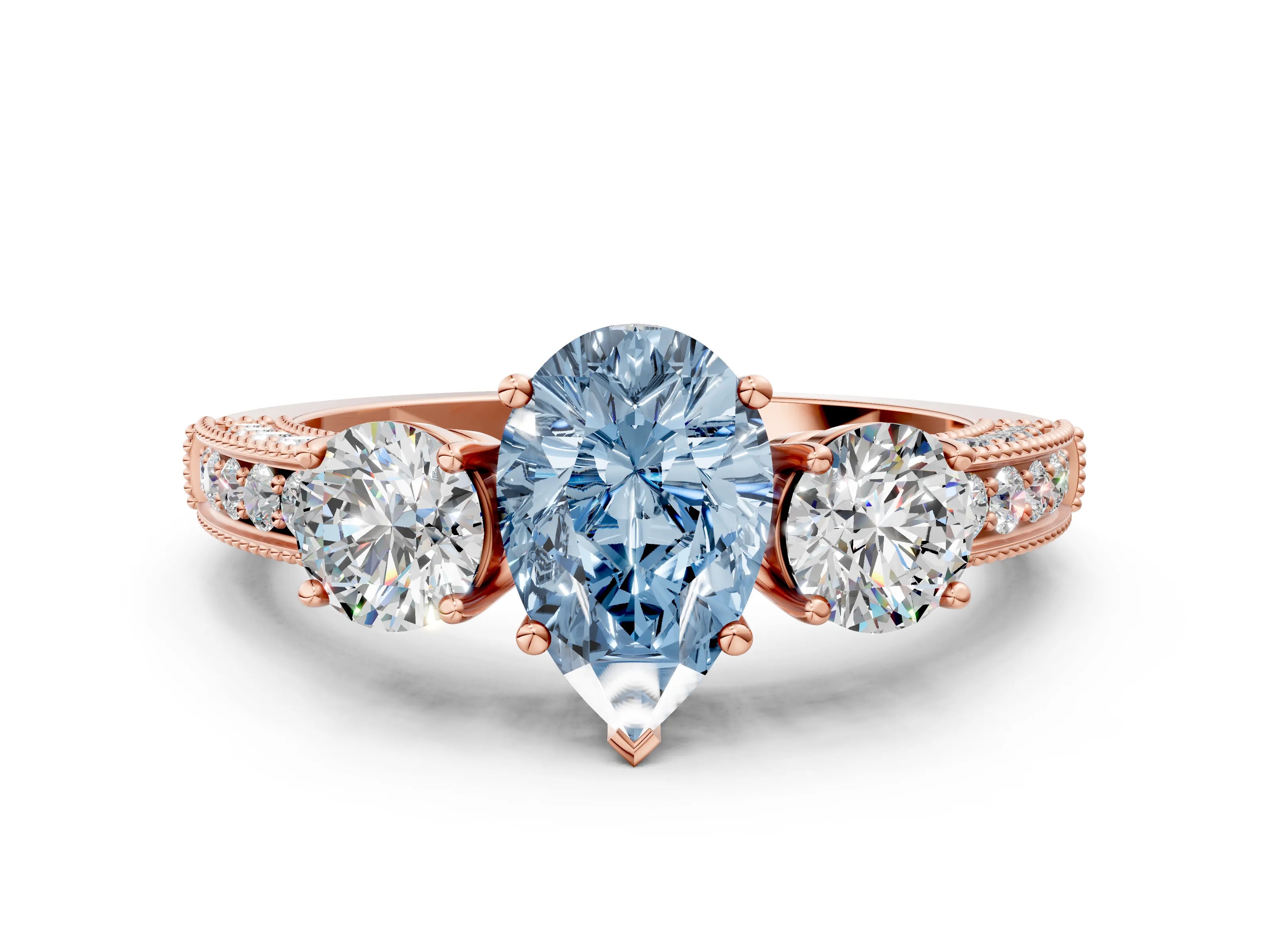 Rose gold Fancy Blue Pear Cut Three-Stone Diamond Ring with Pavé Band and Four-Prong Setting
