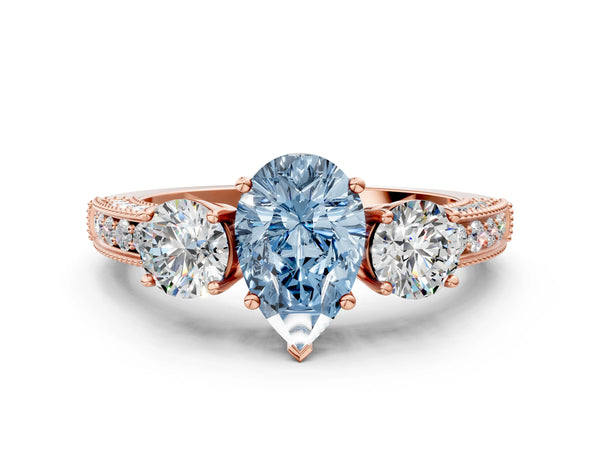 Rose Gold Pear-Shaped Graduated Three Stone Engagement Ring Setting for Fancy Blue Center