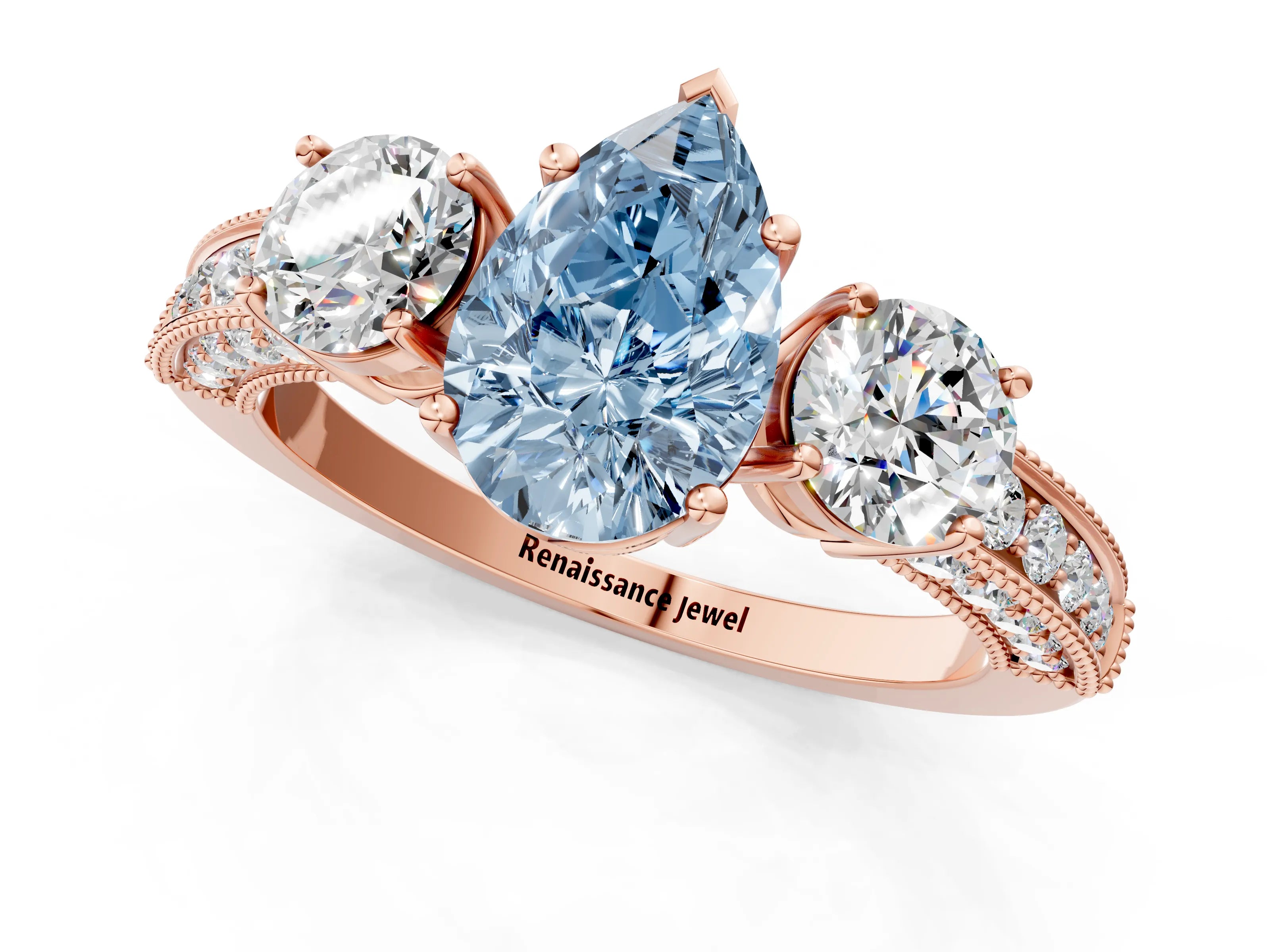Rose gold Fancy Blue Pear Cut Three-Stone Diamond Ring with Pavé Band and Four-Prong Setting_1