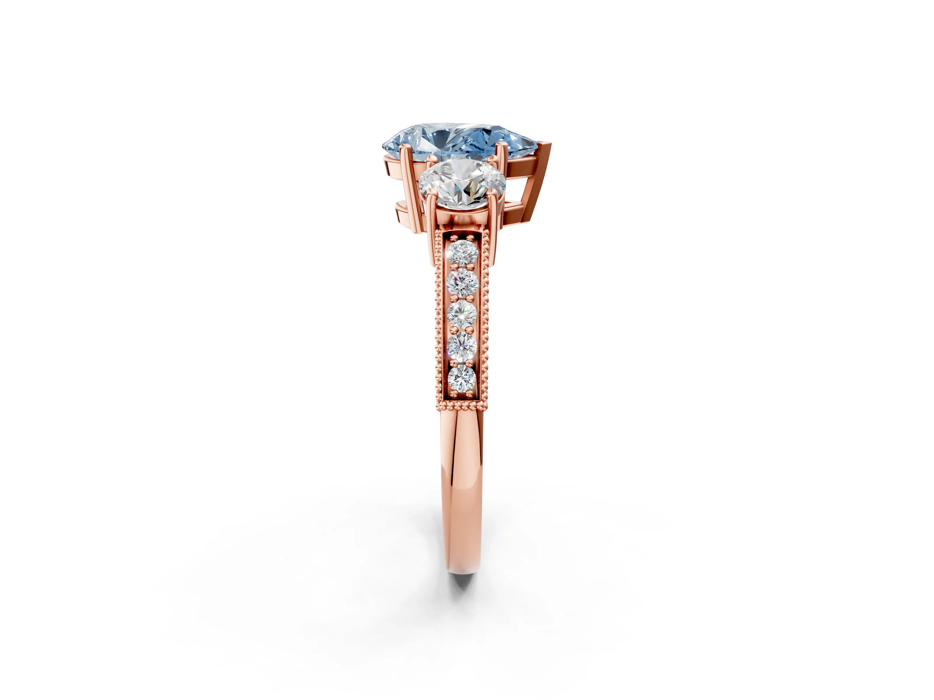 Rose gold Fancy Blue Pear Cut Three-Stone Diamond Ring with Pavé Band and Four-Prong Setting_2