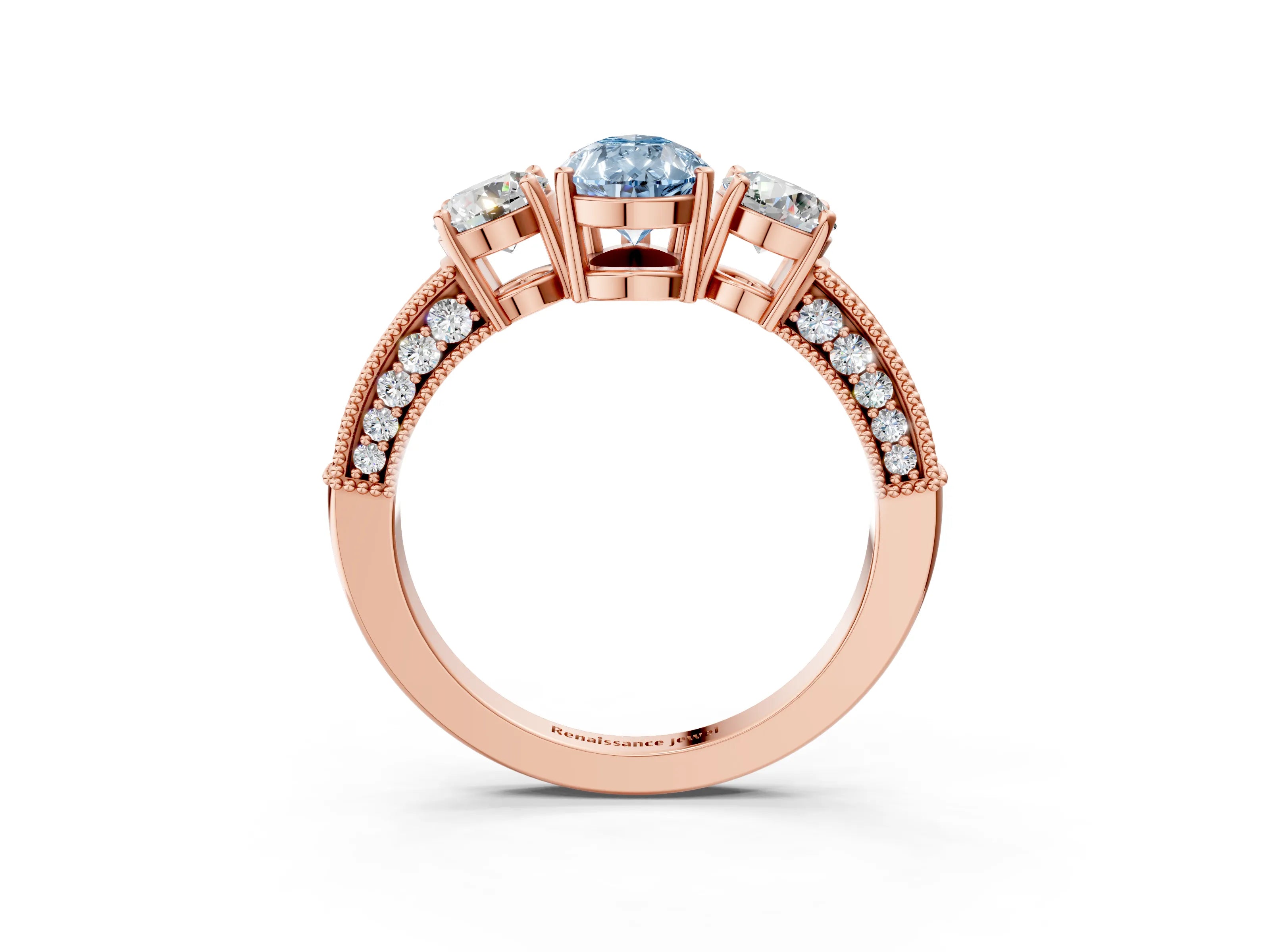 Rose gold Fancy Blue Pear Cut Three-Stone Diamond Ring with Pavé Band and Four-Prong Setting_3