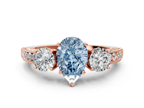 Rose gold Fancy Blue Pear Cut Three-Stone Diamond Ring with Pavé Band and Four-Prong Setting