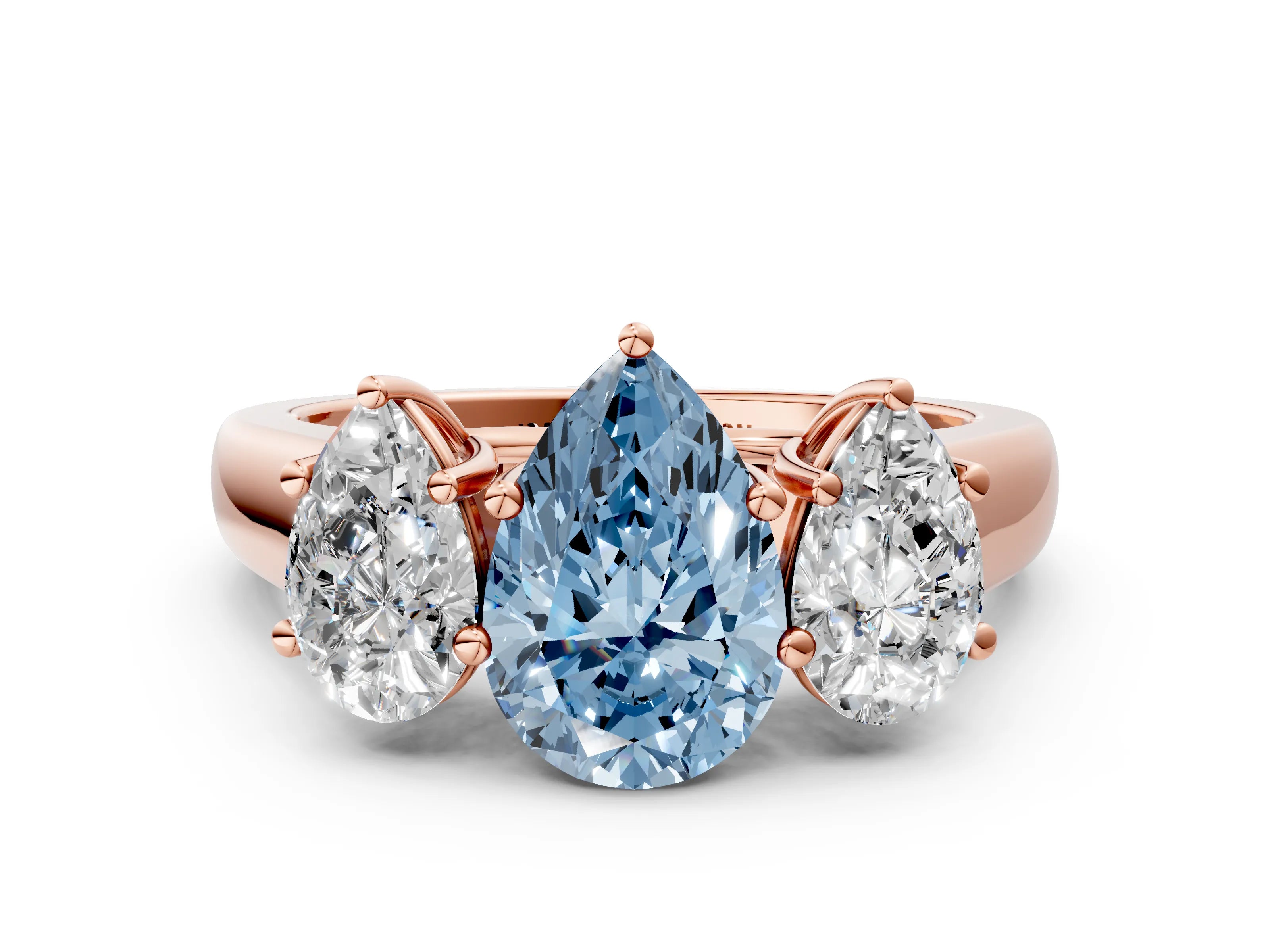 Rose gold Fancy Blue Pear Cut Three-Stone Diamond Ring with Prong Setting on a Classic Band