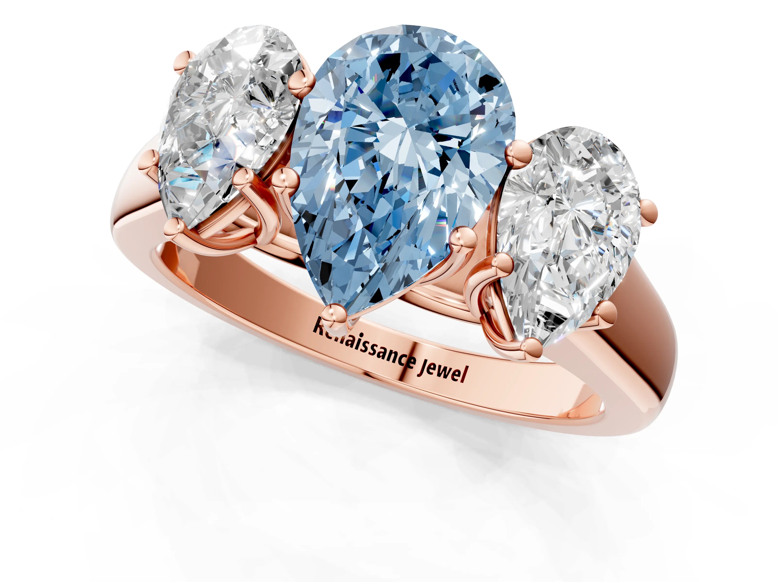 Rose gold Fancy Blue Pear Cut Three-Stone Diamond Ring with Prong Setting on a Classic Band_1