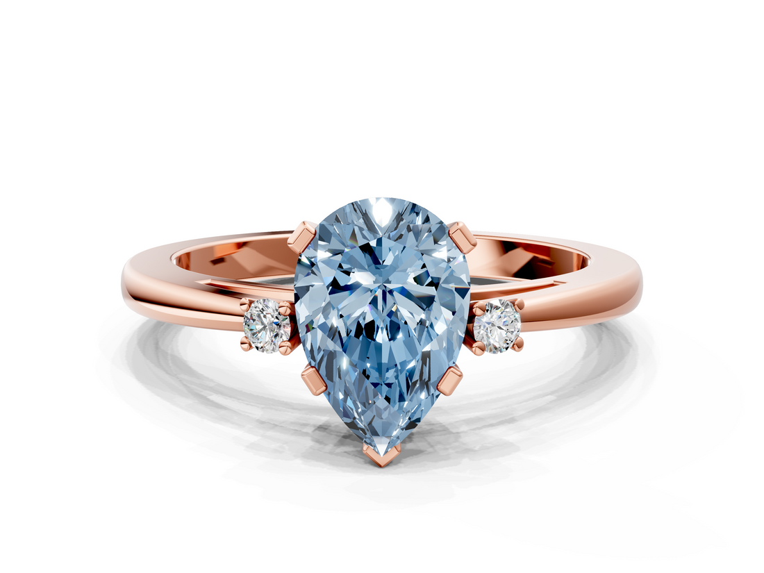 Rose gold Fancy Blue Pear  Cut Three-Stone Solitaire Ring with Round Accent Diamonds and Four-Prong Setting_20