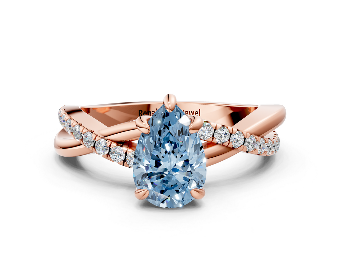 Rose gold Fancy Blue Pear  Cut Twist Band Solitaire Diamond Ring with Pavé Setting_3