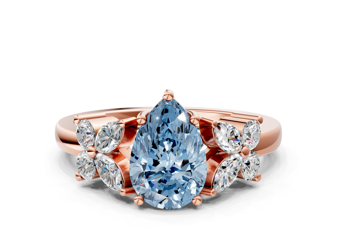 Rose gold Fancy Blue Pear  Diamond Floral Cluster Ring with Solitaire Band and Prong Setting_55