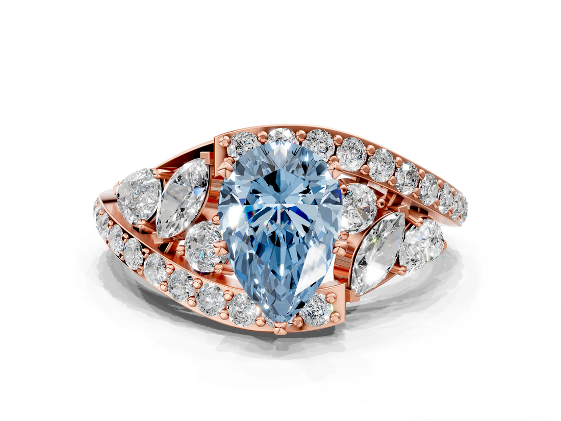 Rose gold Fancy Blue Pear  Diamond Halo Ring with Marquise and Pavé Band in Prong Setting_68