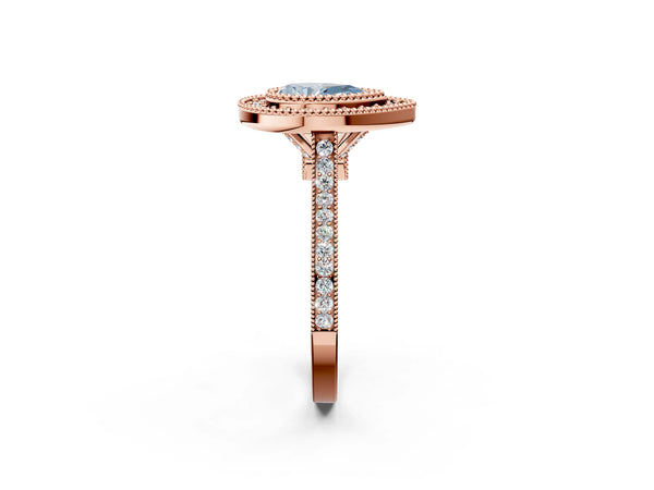 Rose gold Fancy Blue Pear  Diamond Halo Ring with Milgrain Frame and Pavé Band
