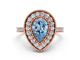 Rose gold Fancy Blue Pear  Diamond Halo Ring with Milgrain Frame and Pavé Band