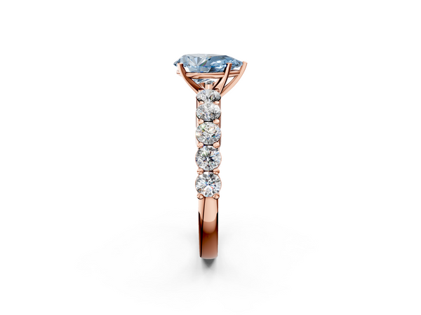 Rose gold Fancy Blue Pear  Diamond Solitaire Ring with Shared Prong Round Side Stones