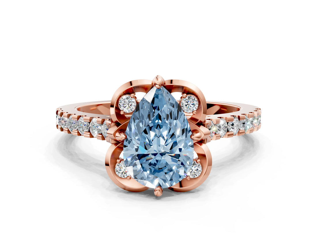 Rose gold Fancy Blue Pear  Diamond Pave Band with Floral Prong Setting_27