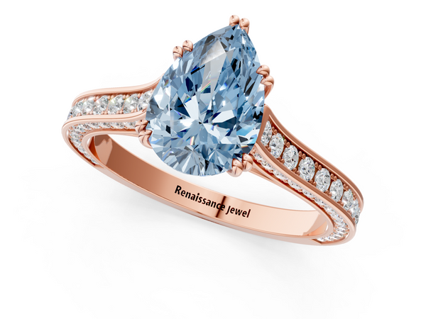 Rose gold Fancy Blue Pear  Diamond Solitaire with Pave Band and Six-Prong Setting