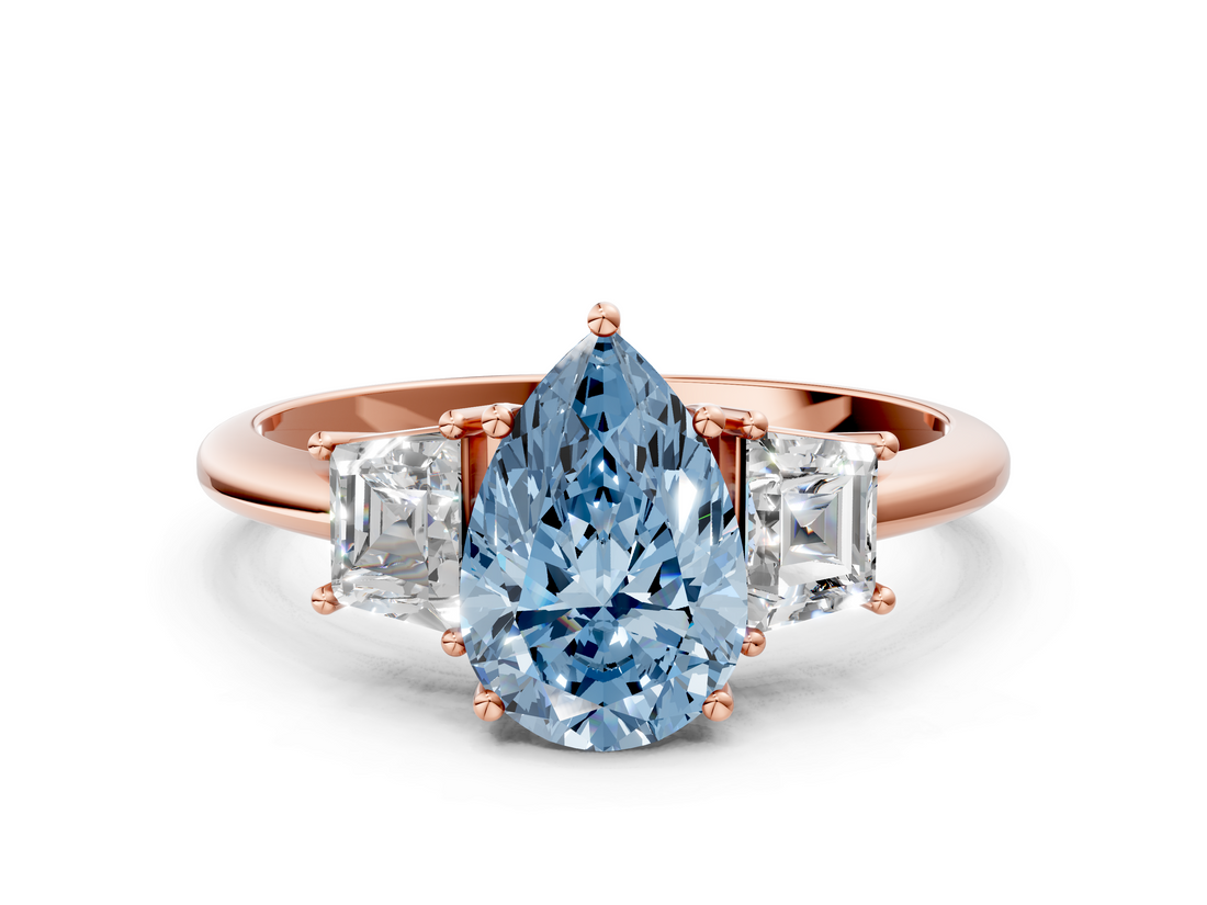 Rose gold Fancy Blue Pear  Diamond Three-Stone Ring with Trapezoid Side Stones and Prong Setting_17