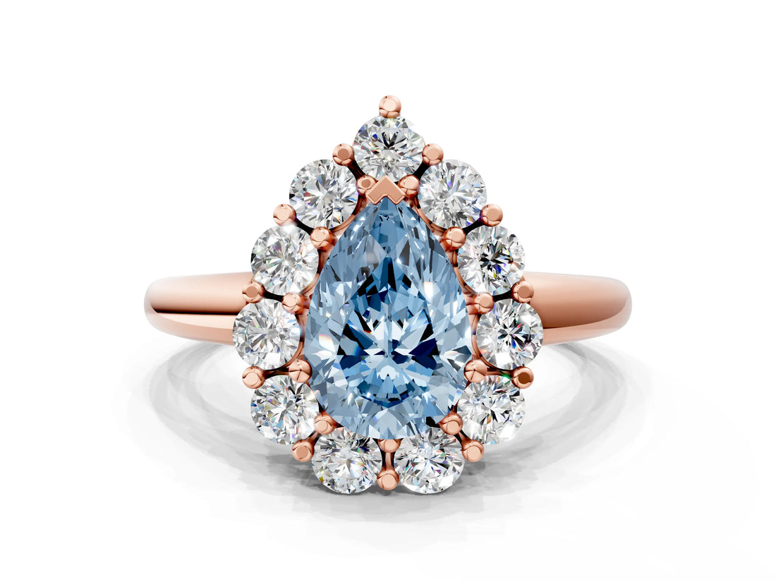 Rose gold Fancy Blue Pear  Halo Cluster Diamond Engagement Ring with Prong Setting and Polished Band_20