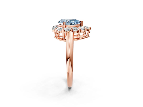 Rose gold Fancy Blue Pear  Halo Cluster Diamond Engagement Ring with Prong Setting and Polished Band