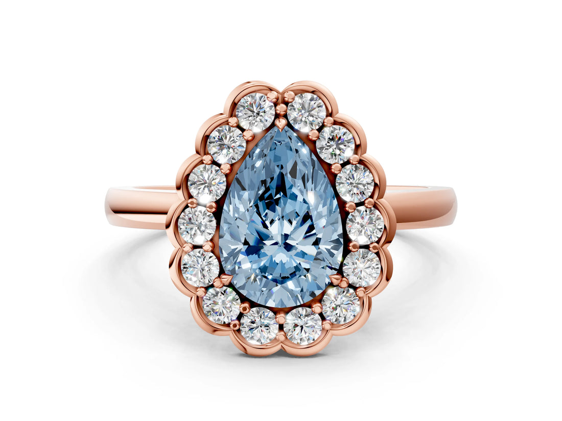 Rose gold Fancy Blue Pear  Halo Cluster Diamond Engagement Ring with Solitaire Band and Prong Setting_49