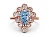 Rose gold Fancy Blue Pear  Halo Diamond Cluster Engagement Ring with Milgrain Bezel Setting and Solitaire Band_57