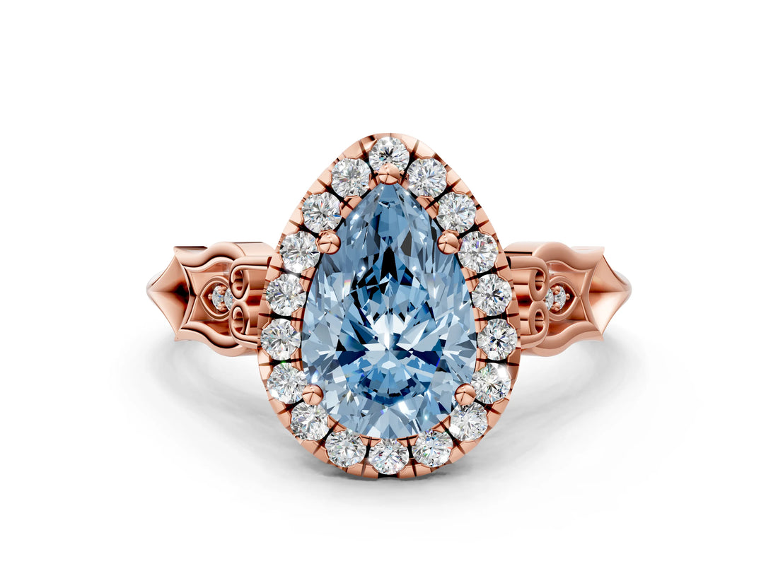Rose gold Fancy Blue Pear  Halo Diamond Engagement Ring with Filigree Band and Four-Prong Setting_81