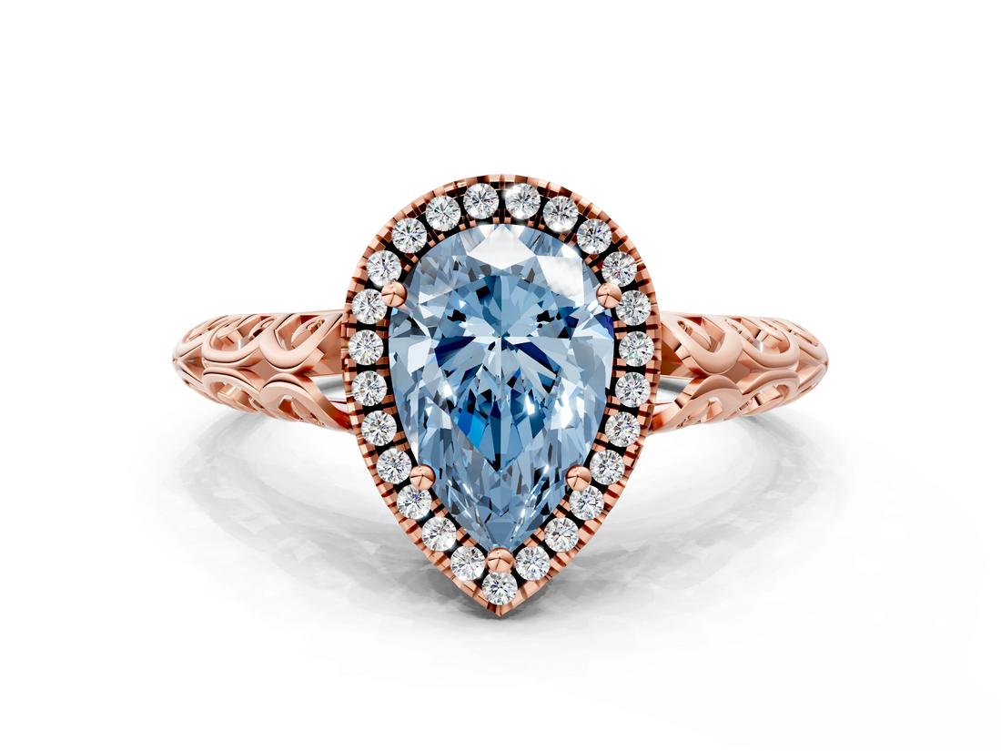 Rose gold Fancy Blue Pear  Halo Diamond Engagement Ring with Intricate Filigree Band and Four-Prong Setting_54