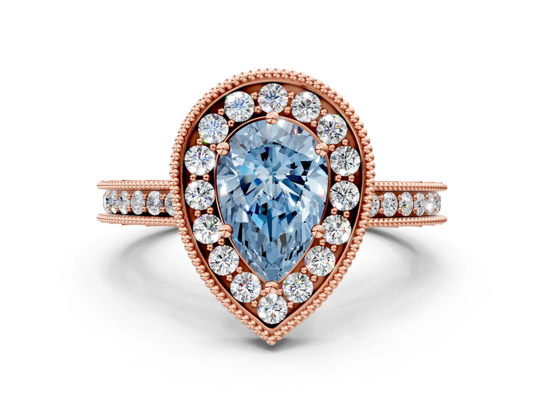Rose gold Fancy Blue Pear  Halo Diamond Engagement Ring with Milgrain Pave Band and Four-Prong Setting_87