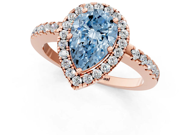 Rose gold Fancy Blue Pear  Halo Diamond Engagement Ring with Pavé Band and Four-Prong Setting
