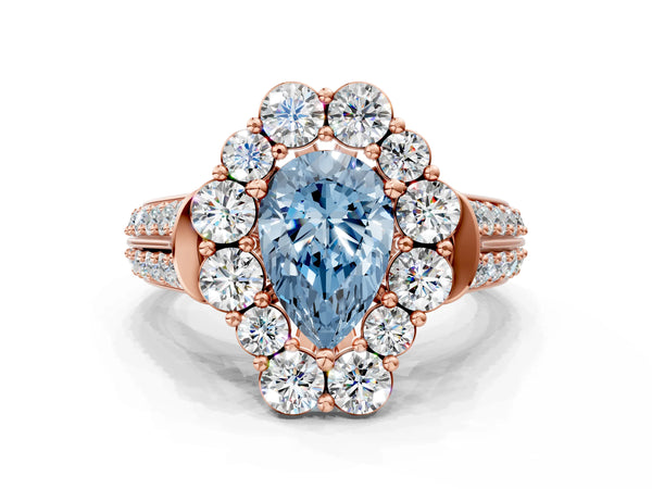 Rose gold Fancy Blue Pear  Halo Diamond Engagement Ring with Split Shank and Prong Setting