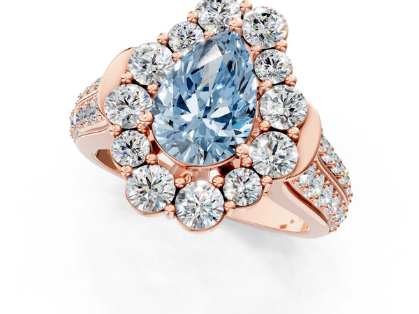 Rose gold Fancy Blue Pear  Halo Diamond Engagement Ring with Split Shank and Prong Setting
