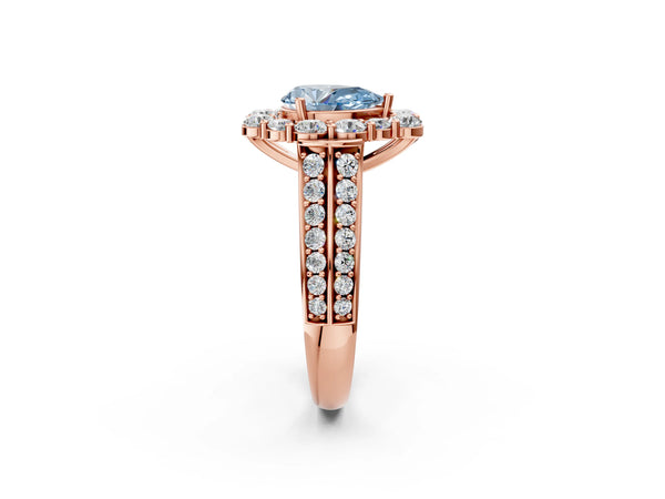 Rose gold Fancy Blue Pear  Halo Diamond Engagement Ring with Split Shank and Prong Setting