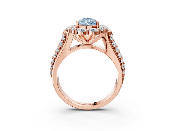 Rose gold Fancy Blue Pear  Halo Diamond Engagement Ring with Split Shank and Prong Setting