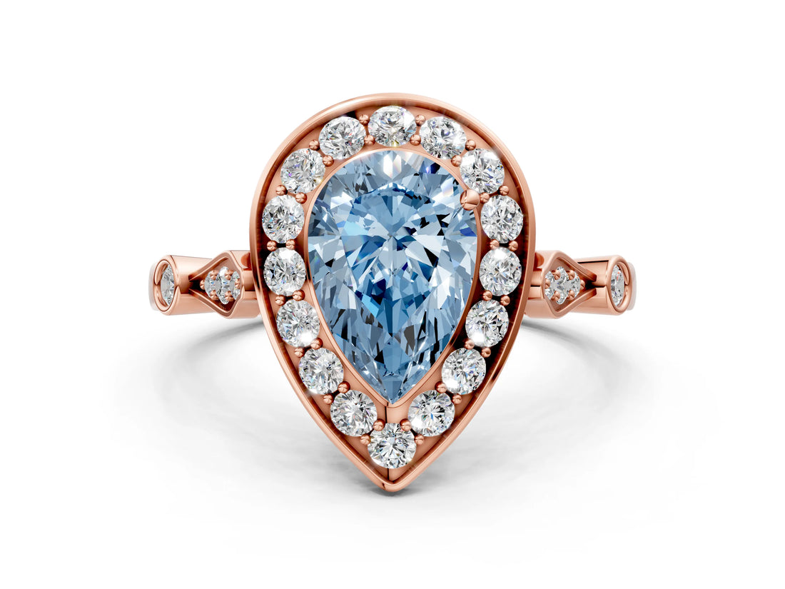 Rose gold Fancy Blue Pear  Halo Diamond Engagement Ring with Twisted Band and Four-Prong Setting