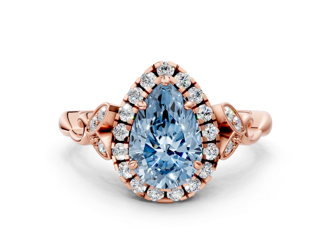 Rose gold Fancy Blue Pear  Halo Diamond Engagement Ring with Vintage-Inspired Band and Four-Prong Setting_3