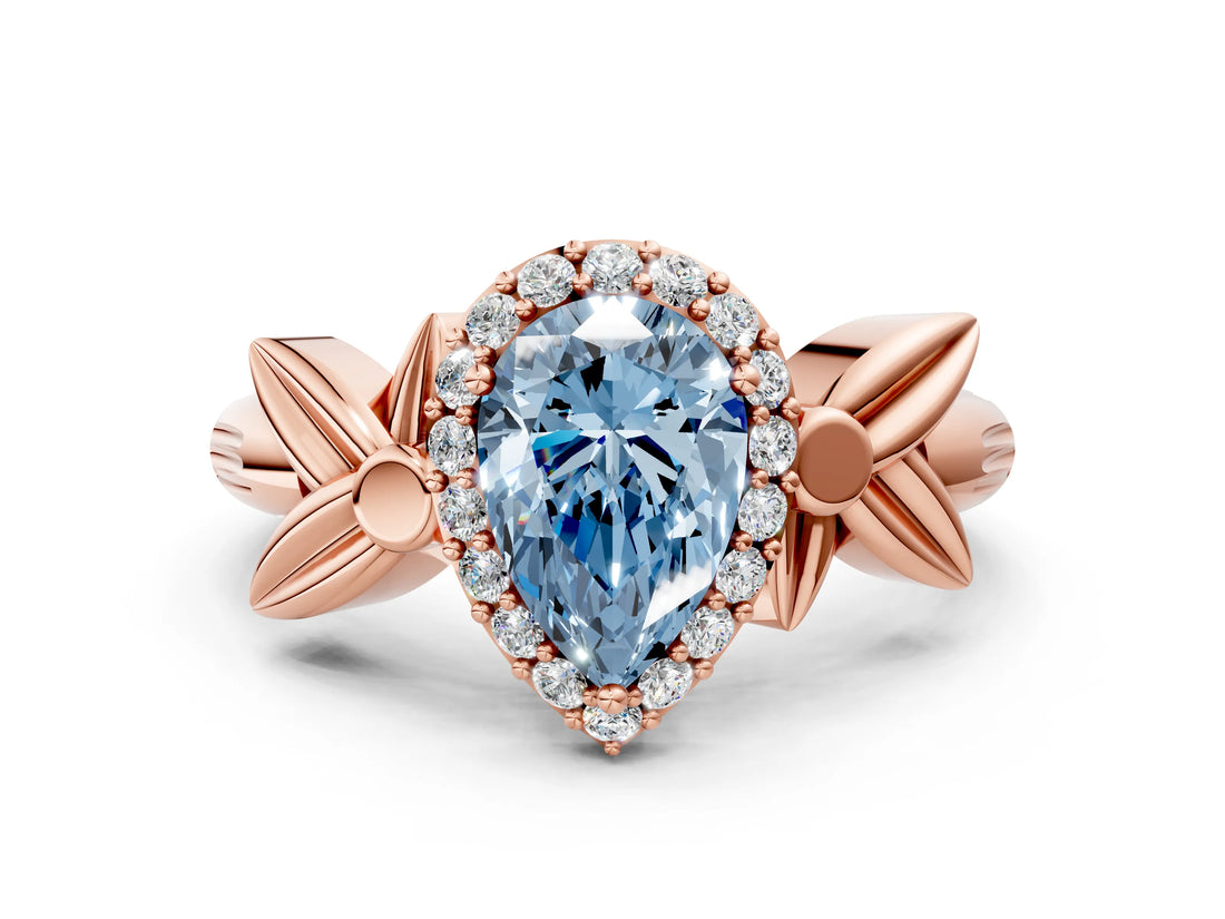 Rose gold Fancy Blue Pear  Halo Diamond Floral Band with Four-Prong Setting_55