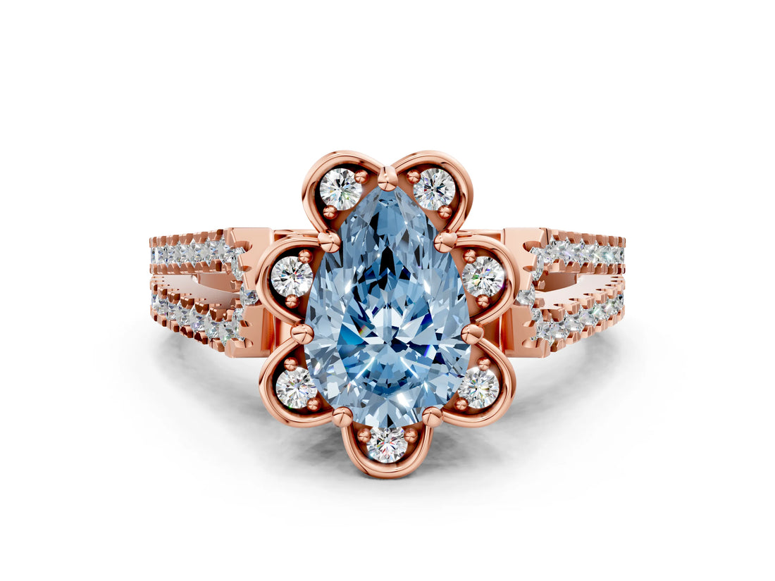 Rose gold Fancy Blue Pear  Halo Diamond Floral Split Shank Engagement Ring 1
