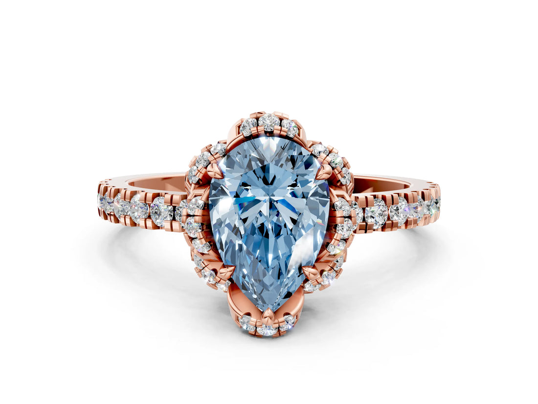 Rose gold Fancy Blue Pear  Halo Diamond Pave Band Ring with Four-Prong Setting_15